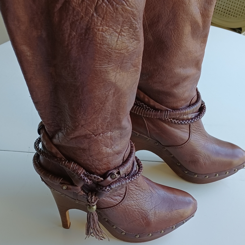Italian Sheepskin Leather slouch boots, wood platform, worn once